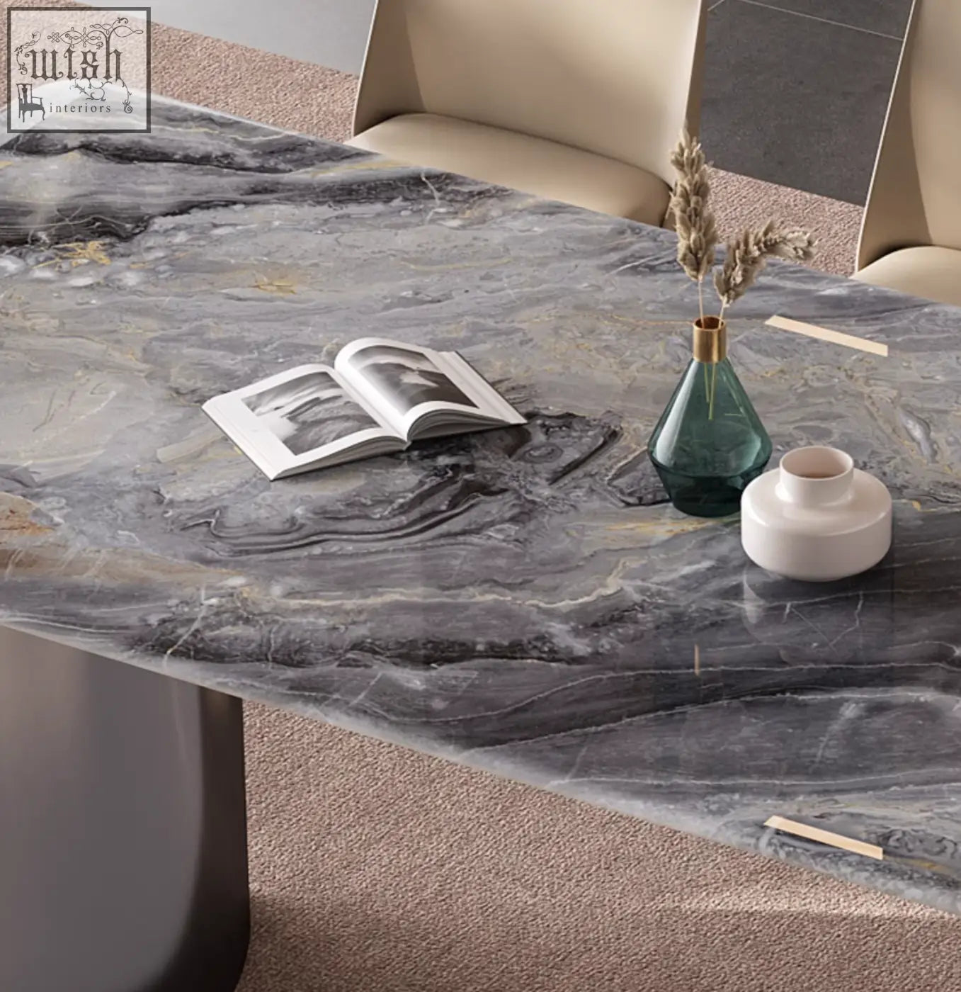 Angela marble dining table with sleek dark gray marble top featuring white and gold veining for luxury dining