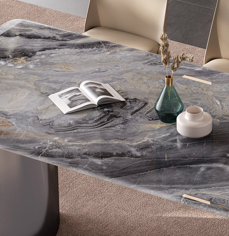 Angela dining table marble with sleek dark gray marble top and white and gold veining perfect for luxury dining offer financing