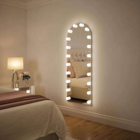 Angelina full length arch hollywood mirror with bright white led bulbs in decorative frame from mirrors collection
