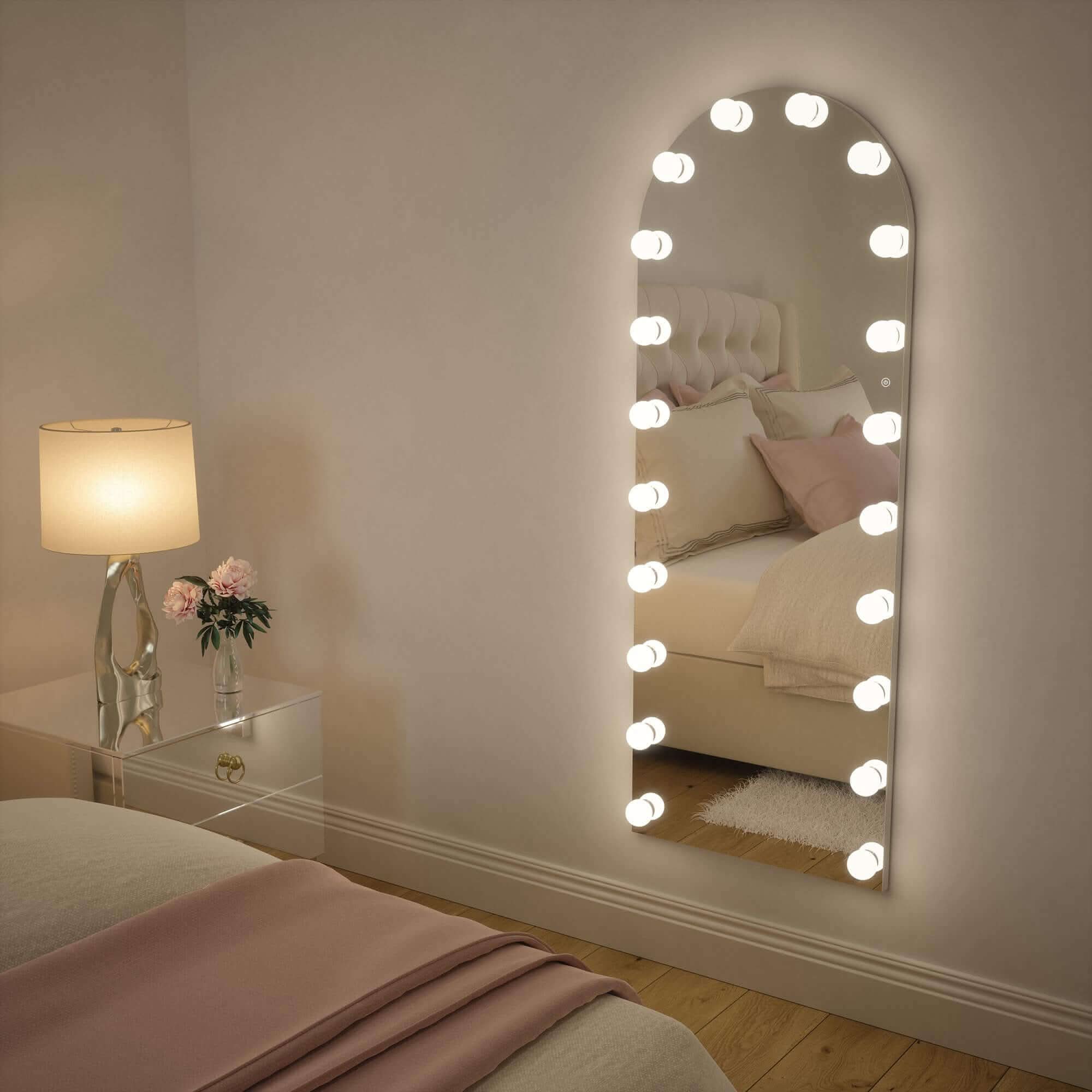 Arched vanity mirror from the mirrors collection with glowing circular bulbs and full length arch frame 160 x 60cm