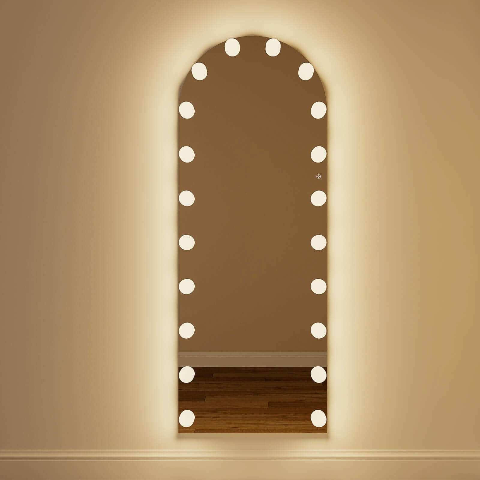 Arched vanity mirror from the mirrors collection with round warm led lights in a full length hollywood style frame