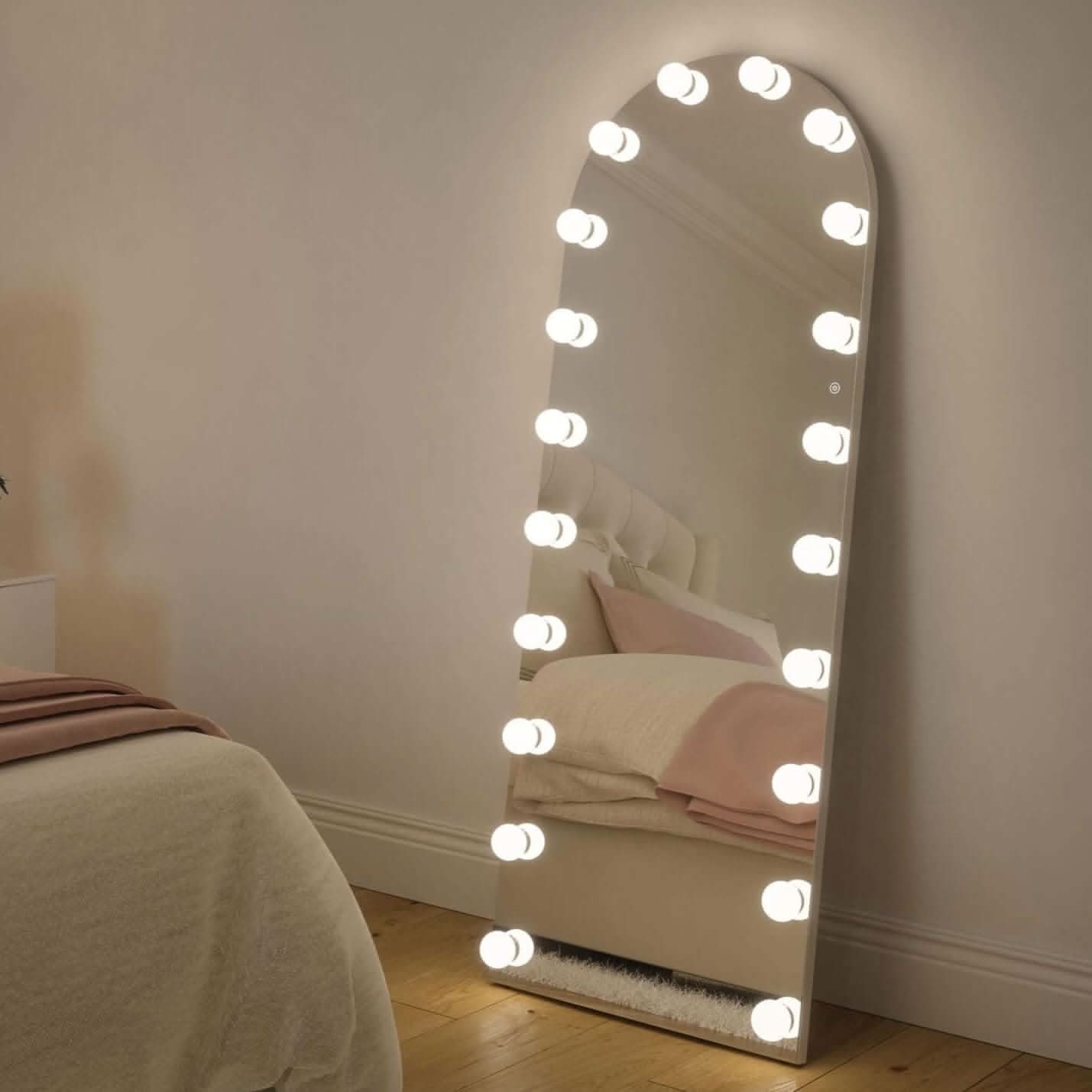 Angelina full length arch hollywood mirror with bright circular bulbs along frame edges from mirrors collection