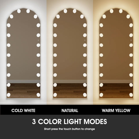 Angelina full length arch hollywood mirror with integrated circular lights in cold white natural and warm yellow modes from mirrors collection