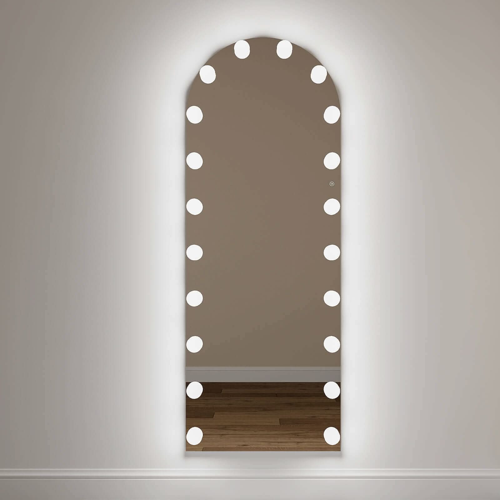 Arched vanity mirror from the mirrors collection featuring sleek modern design with circular led lights along frame