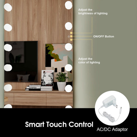 Angelina full length arch hollywood mirror with wooden frame, circular led lights, and smart touch controls in mirrors collection
