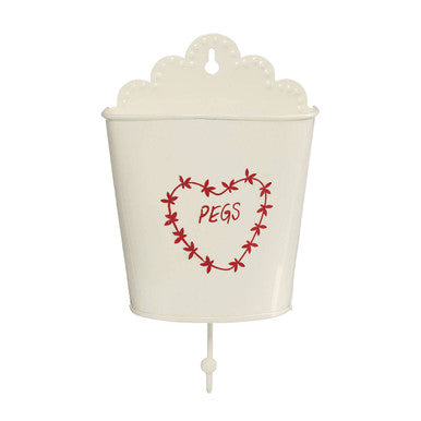 White metal anglaise hanging peg holder with scalloped top red heart and star design for hanging pegs