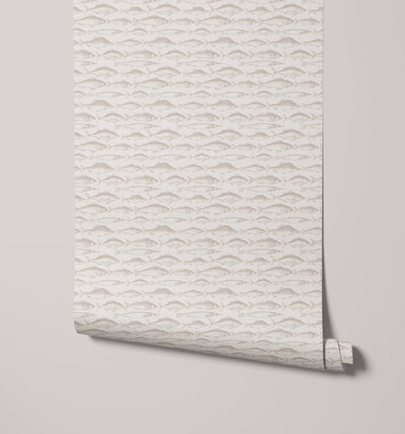 Angle fish wallpaper with textured white background and subtle embossed fish pattern in off-white and beige tones