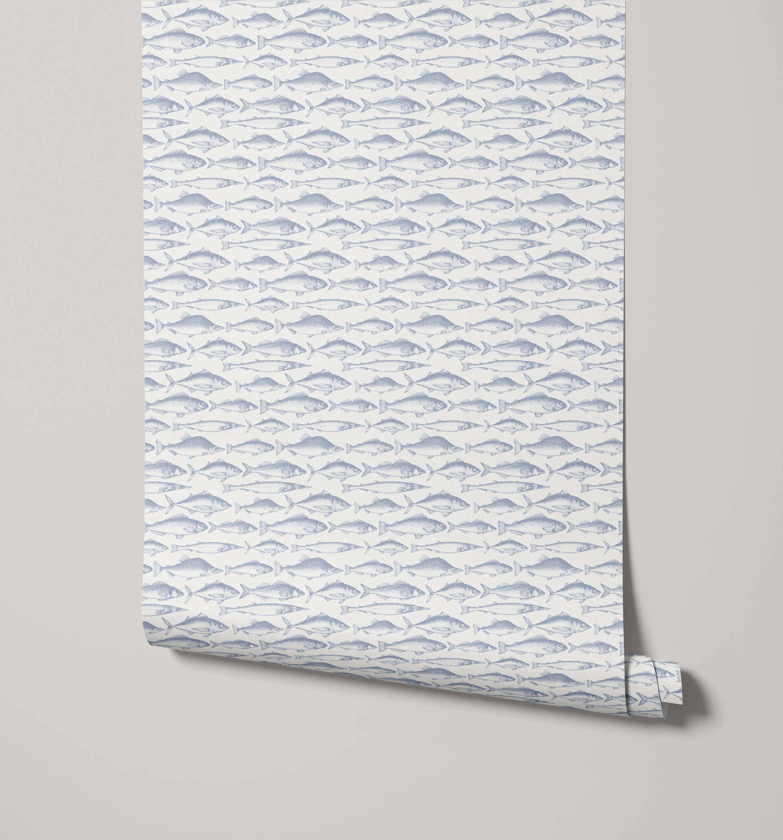 A roll of angle fish wallpaper with a repeating gray fish pattern on white background for home decor