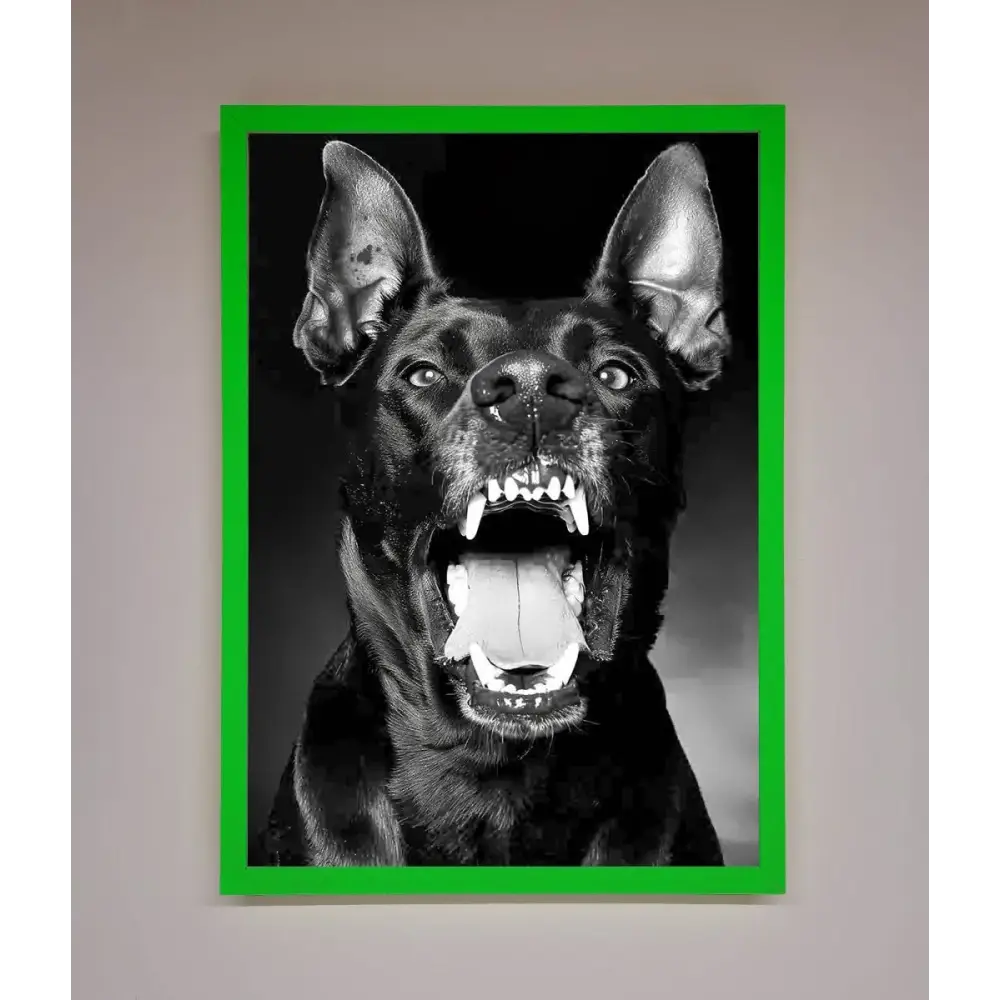Angry Doberman Dog Framed Wall Art - B0 (100 x 141 cm) / Neon Dark Green - Framed Print