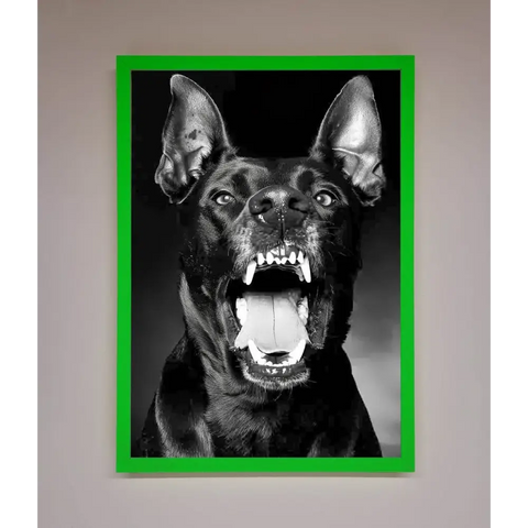 Angry Doberman Dog Framed Wall Art - B0 (100 x 141 cm) / Neon Dark Green - Framed Print