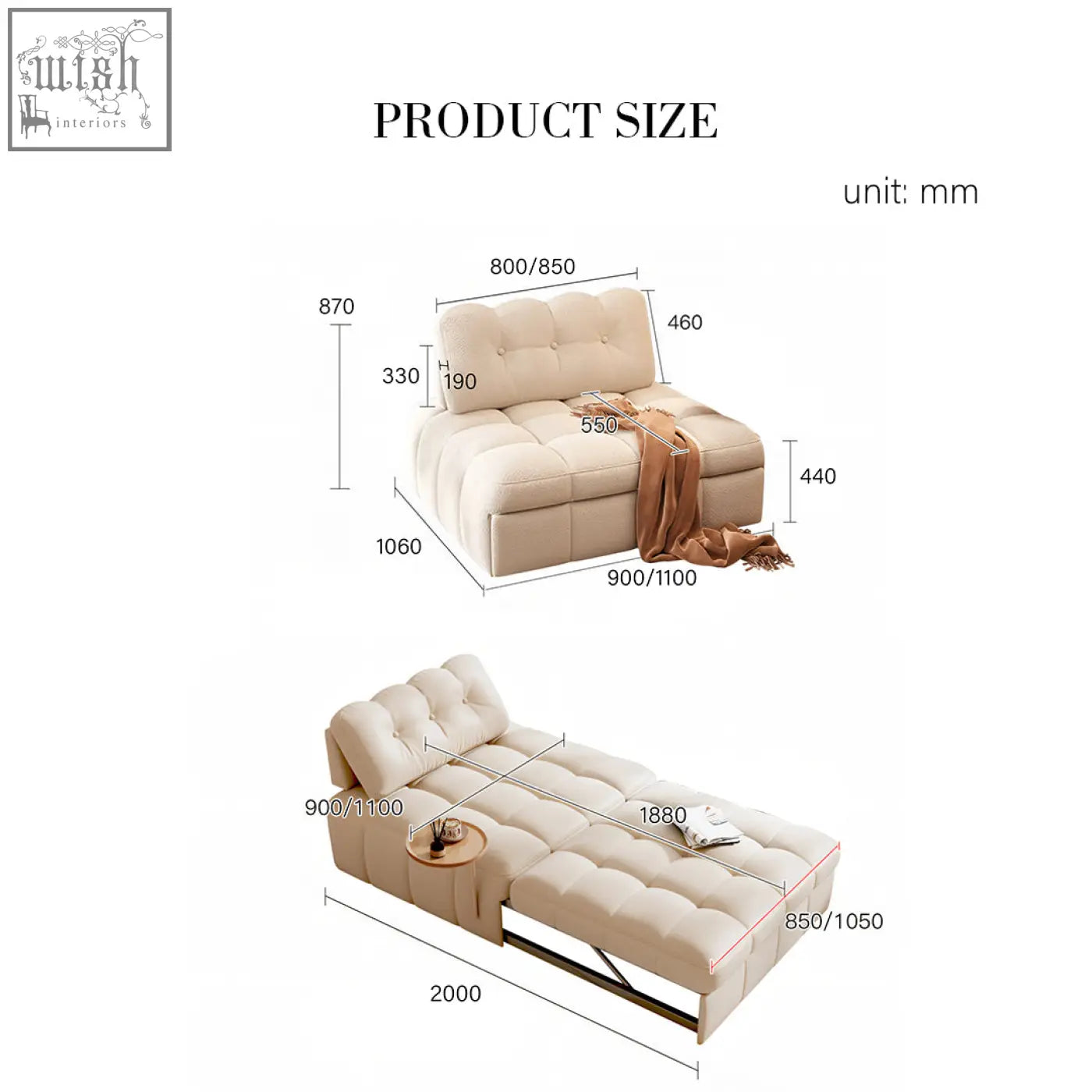 Beige tufted anika armchair single sofa bed with sleek metal frame and optional side table for versatile seating and sleeping
