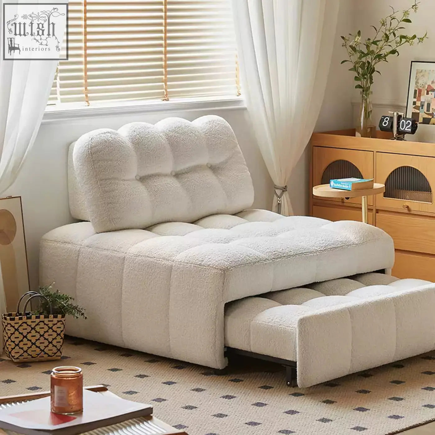 Cream-colored plush tufted anika armchair single sofa bed with fold-out bed mechanism for extra sleeping space