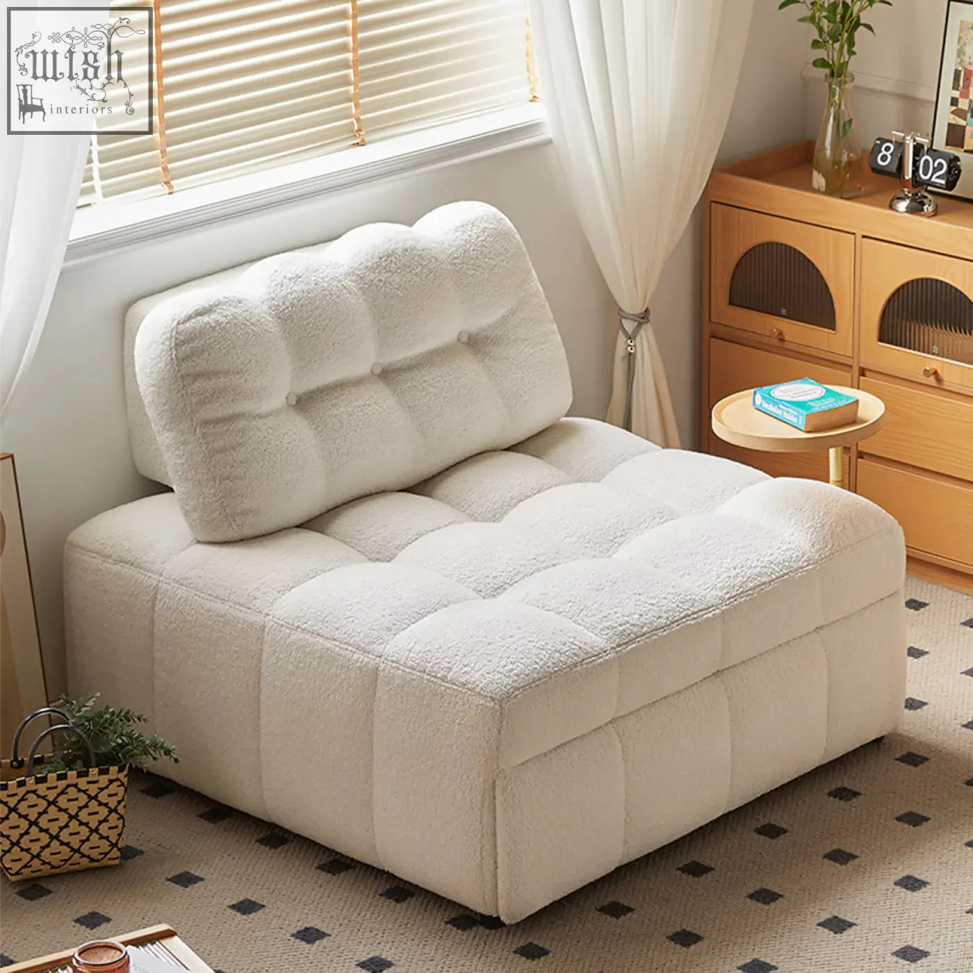 Cream-colored plush tufted anika armchair single sofa bed with soft fuzzy texture and square cushioning