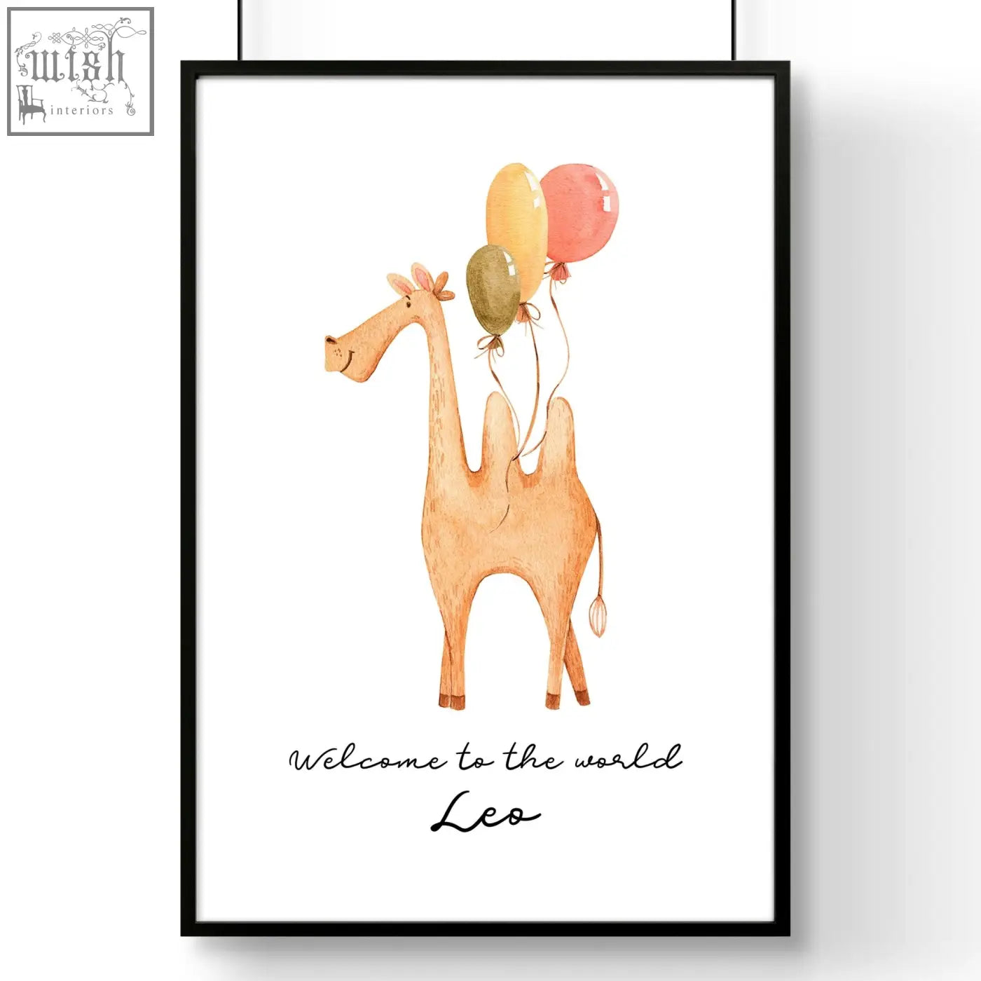 A framed camel animal prints watercolor with yellow pink and olive green balloons for nursery decor wall art