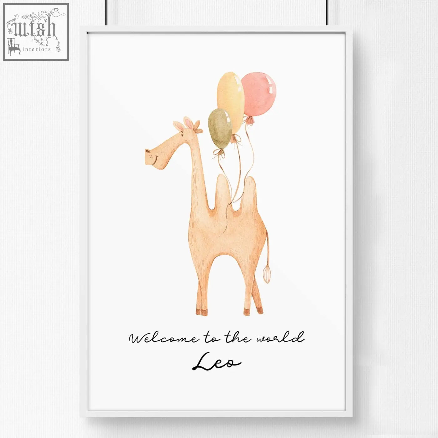 A framed watercolor camel animal print with beige camel and pastel balloons for nursery decor animal prints