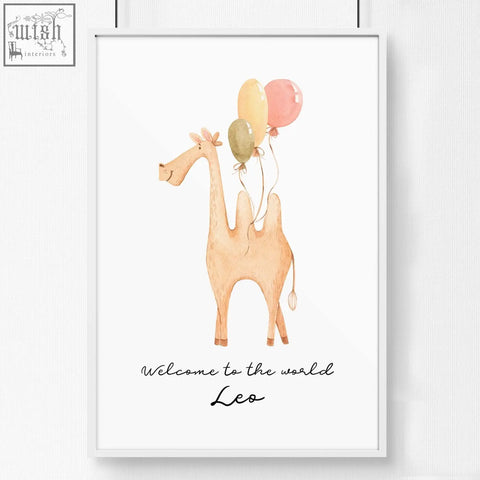 A framed watercolor camel animal print with beige camel and pastel balloons for nursery decor animal prints