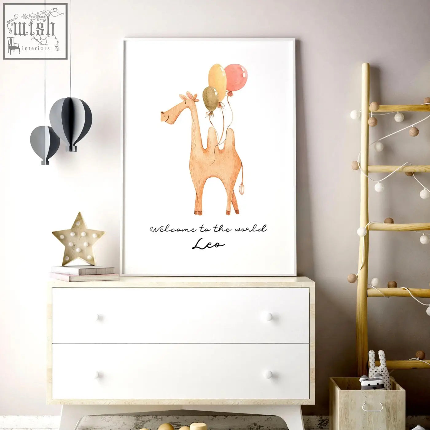Framed watercolor-style animal prints of a tan giraffe with colorful balloons for nursery decor camel animal prints