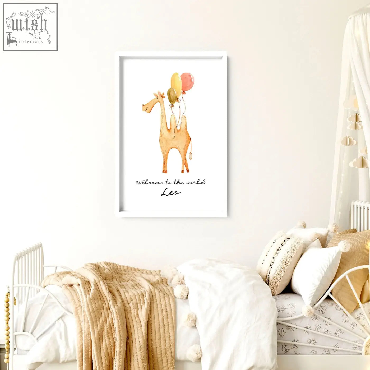 White-framed camel animal prints with a tan giraffe holding yellow and pink balloons for nursery decor welcome leo text