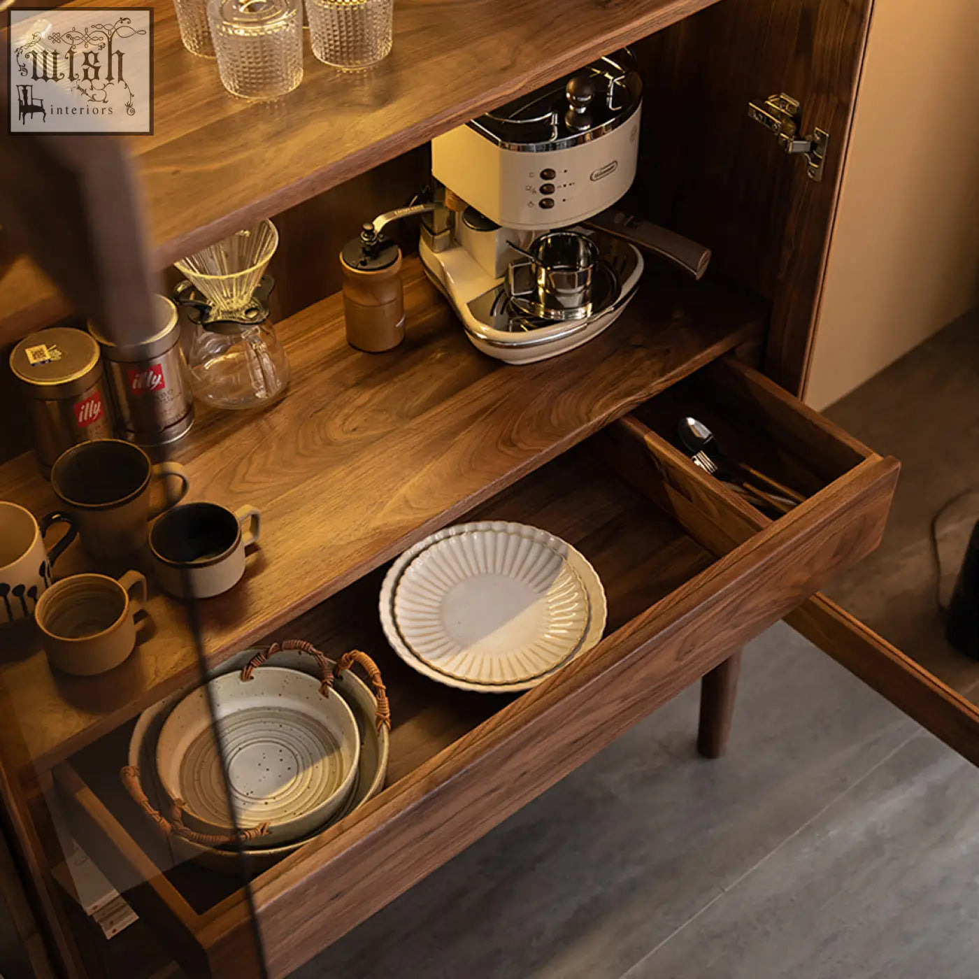 Cream-colored ceramic plate with fluted edge on a solid wood anisimov cabinet wine storage with wine rack shelf