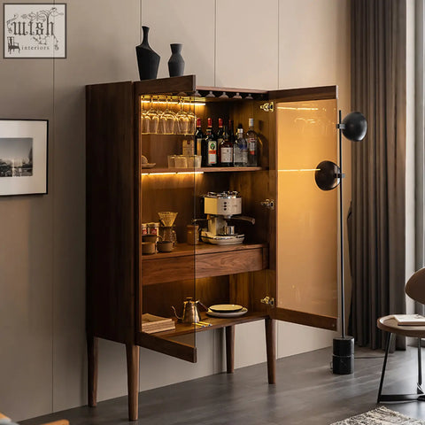 Dark wood anisimov cabinet with glass doors, warm lighting, wine rack, and wine storage drink cabinet features