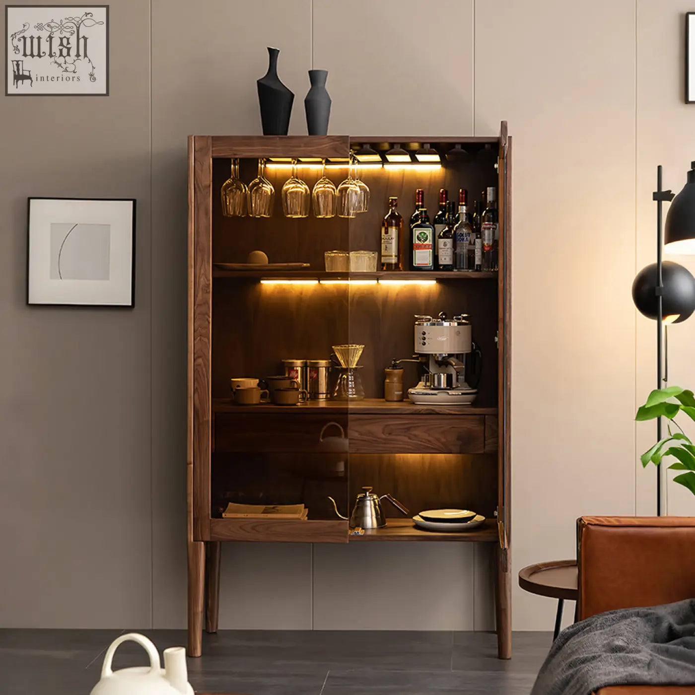 Dark wood solid wood anisimov cabinet with glass doors wine storage and wine rack with integrated lighting