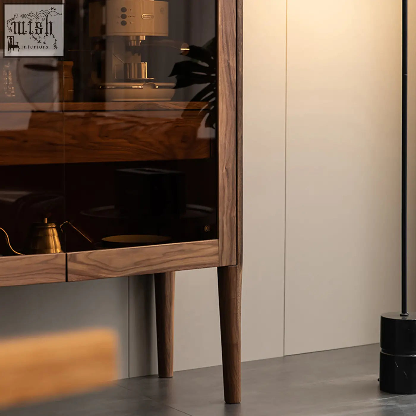 Dark wood anisimov cabinet with glass doors and sleek legs featuring wine storage and built-in wine rack drink cabinet