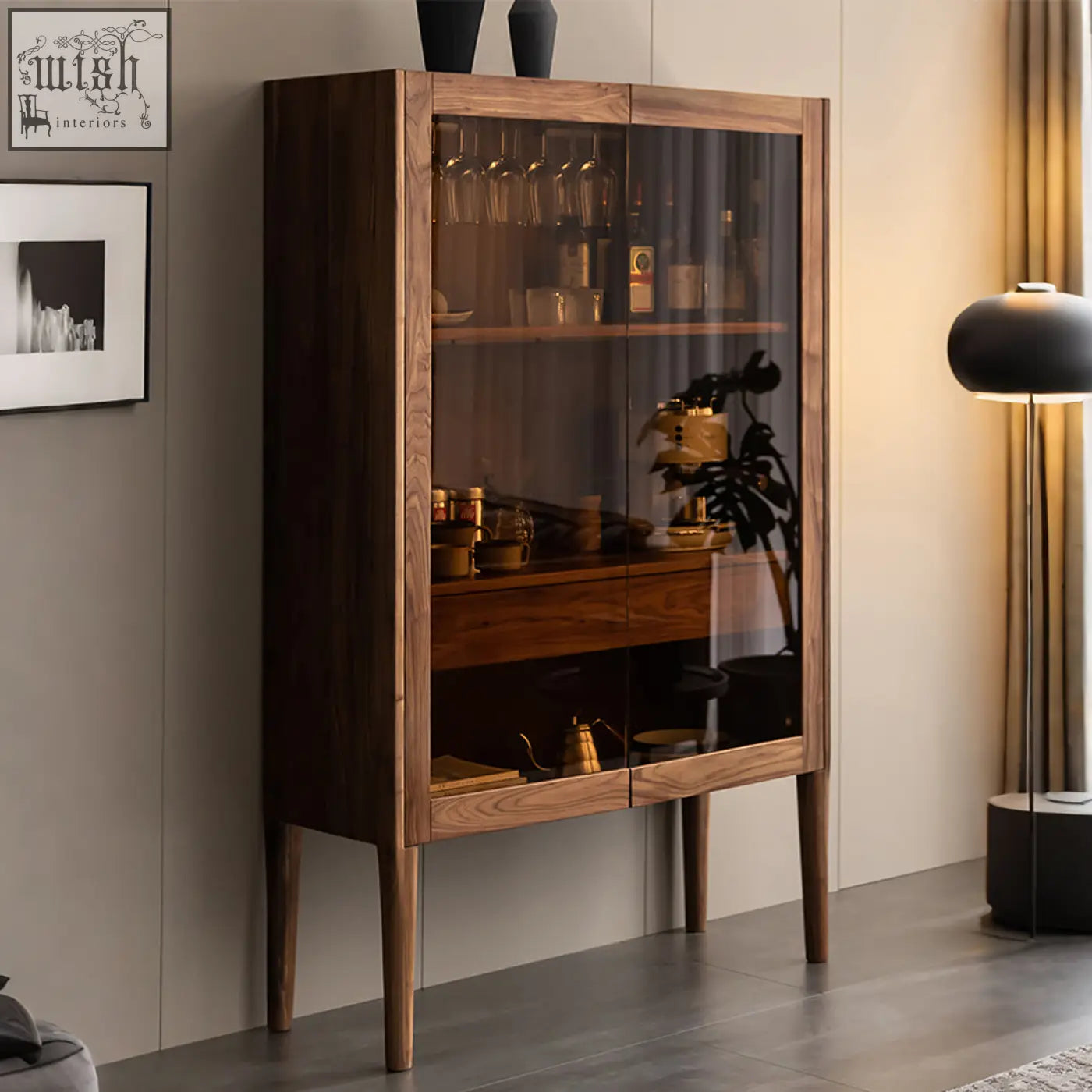 Dark wood anisimov cabinet with glass doors and slender legs featuring solid wood wine storage and wine rack