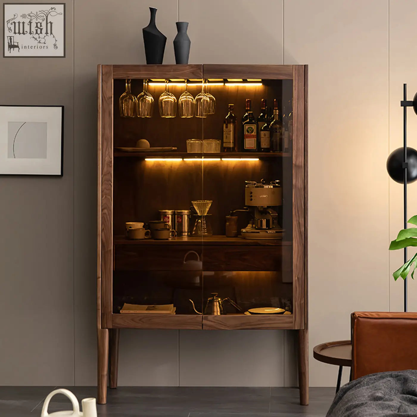 Modern wooden anisimov cabinet with glass doors warm lighting and wine rack for stylish wine storage and drink cabinet use