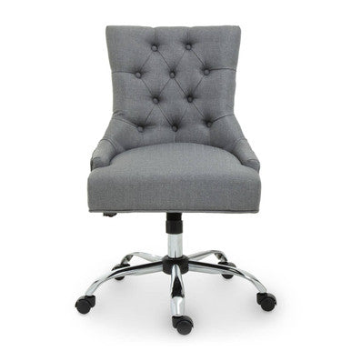 Gray tufted anita grey fabric home office chair with chrome base and black casters for comfortable workspace seating
