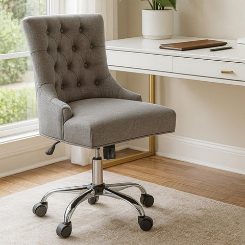 Anita grey fabric office chair with chrome base and black casters for comfortable home office use