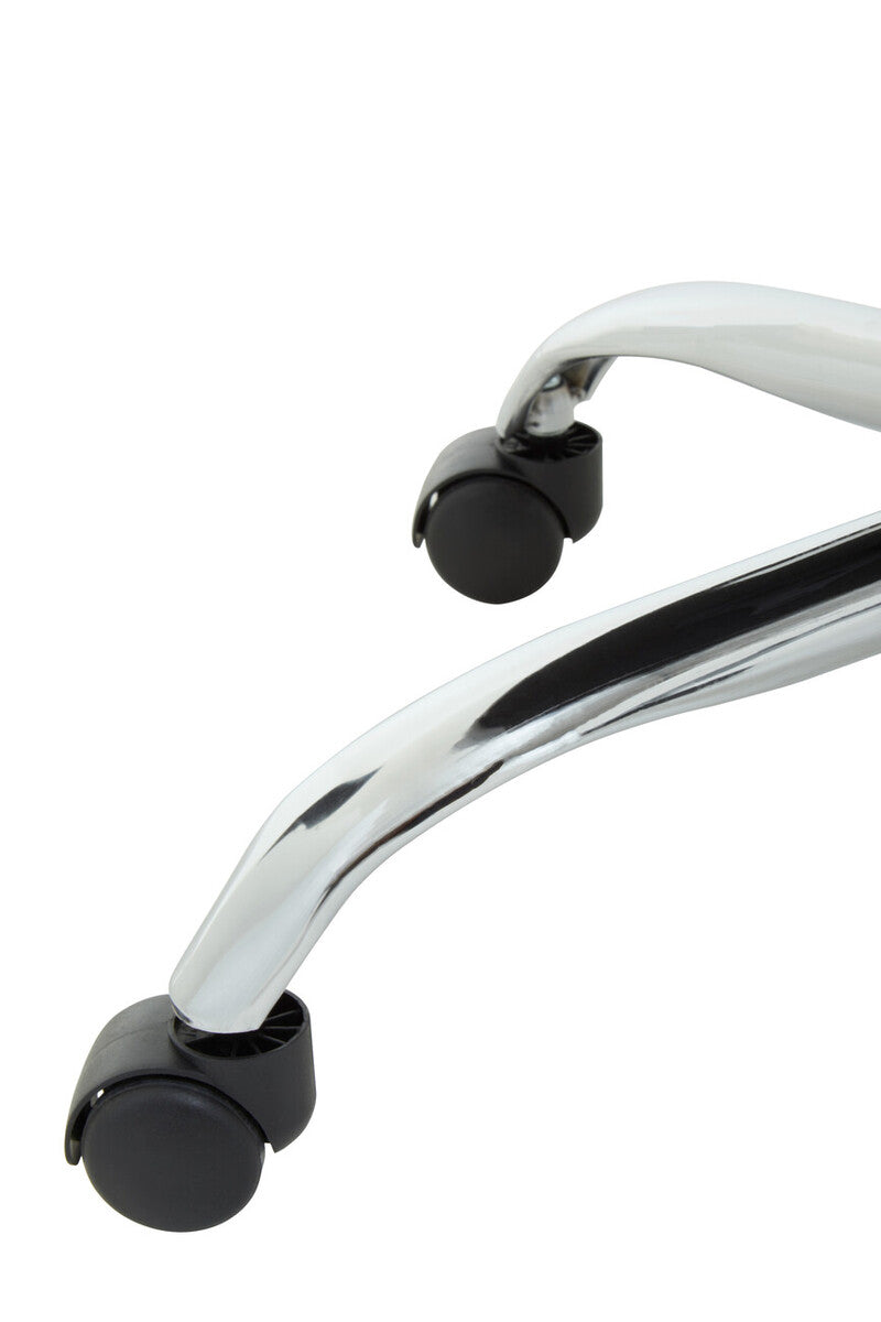 Chrome finished base with black caster wheels of anita grey fabric home office chair for comfortable seating