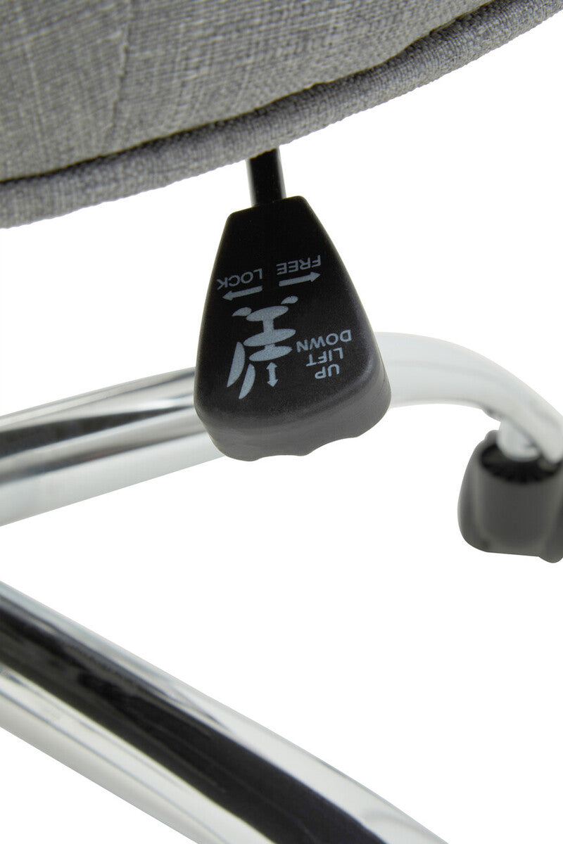 Black plastic height adjustment lever with lift up and down labels on anita grey fabric home office chair with chrome base