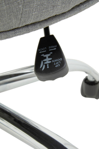 Black plastic height adjustment lever with lift up and down labels on anita grey fabric home office chair with chrome base
