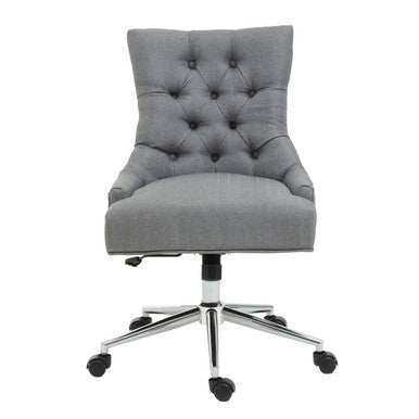 Gray tufted anita grey fabric home office chair with chrome finish base and black casters for comfort