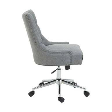 Anita grey fabric home office chair with tufted back, armrests, and chrome finish base on black caster wheels