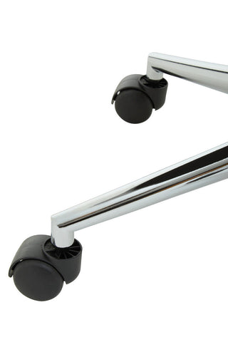 Chrome finish base with black caster wheels on anita grey fabric home office chair for stylish comfort