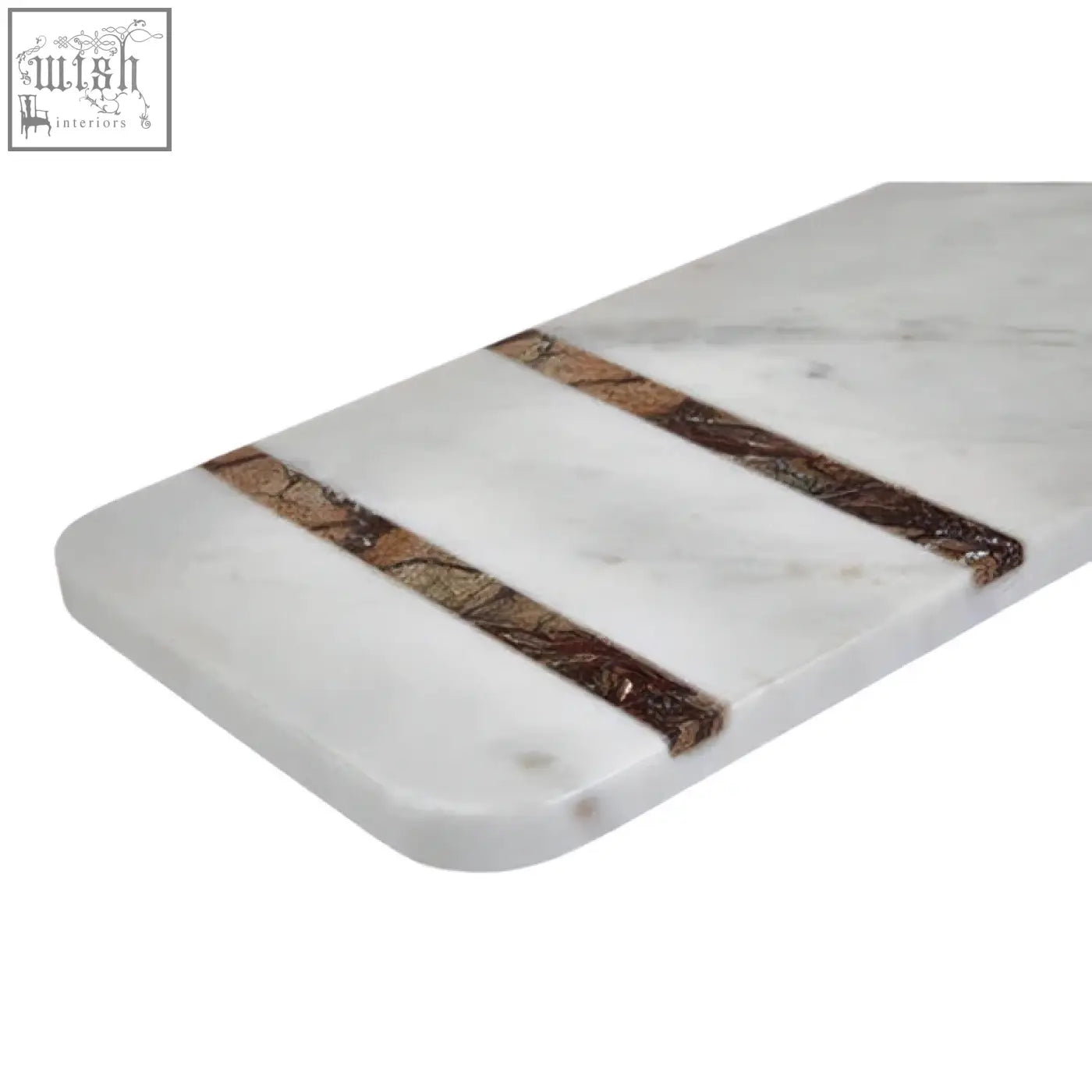 Annika white and brown forest marble paddle board with white marble and three horizontal bands of dark brown forest marble