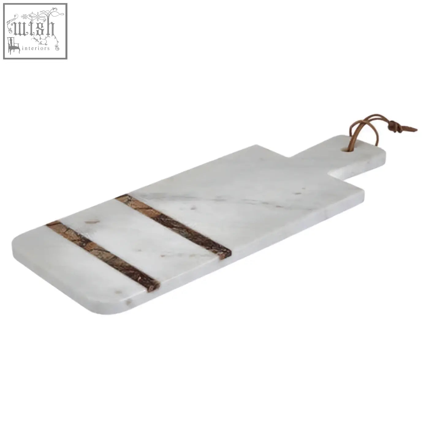 Annika white and brown forest marble paddle board with copper strips and braided rope handle for serving