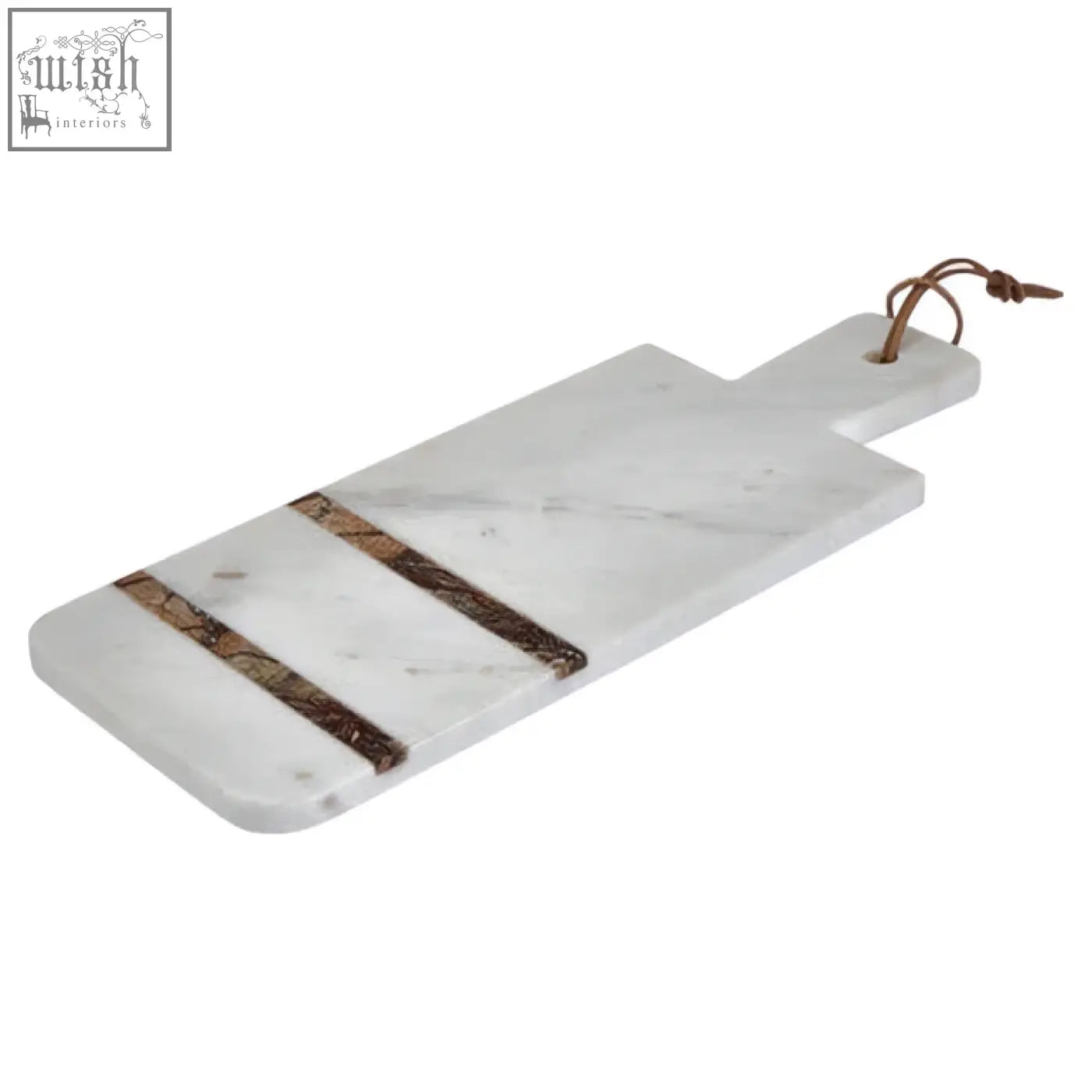 White marble paddle board with two brown forest marble stripes and leather loop handle for serving and display