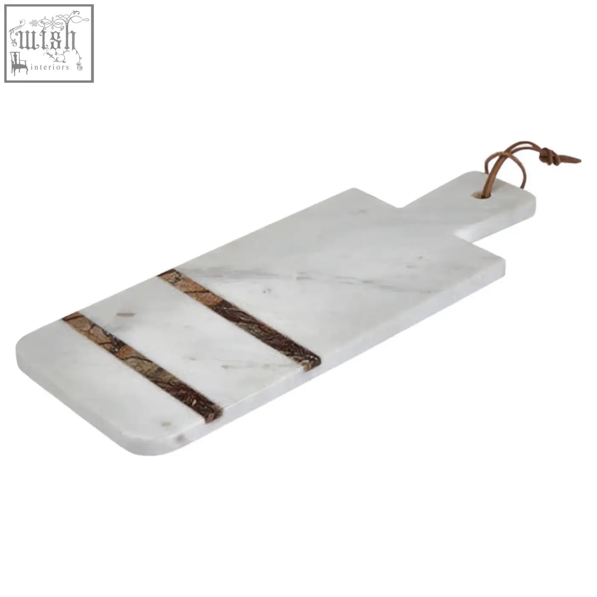 White marble paddle board with two brown forest marble stripes and leather loop handle for serving and display