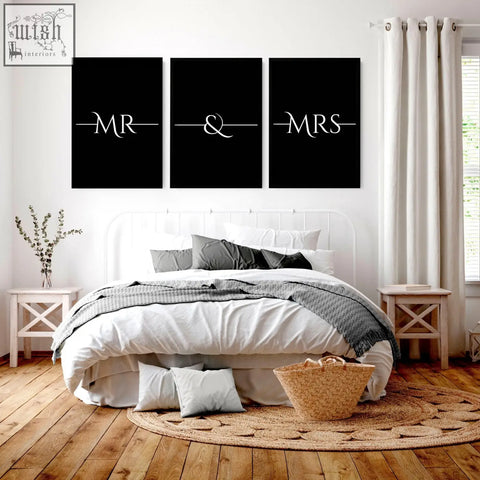 Black canvas art prints set with elegant white mr and mrs typography perfect as anniversary wall art gifts