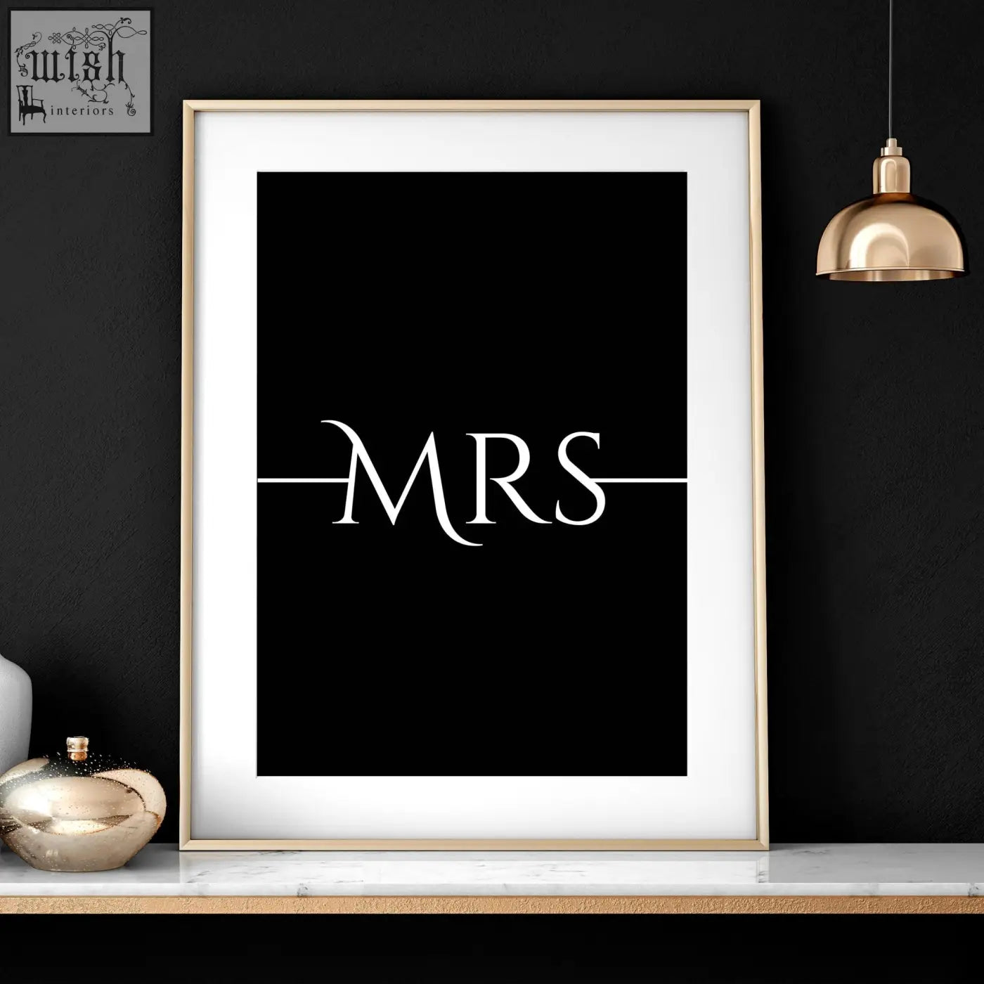 Black and white framed wall art print featuring the word mrs in elegant serif typography for anniversary gifts