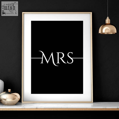 Black and white framed wall art print featuring the word mrs in elegant serif typography for anniversary gifts