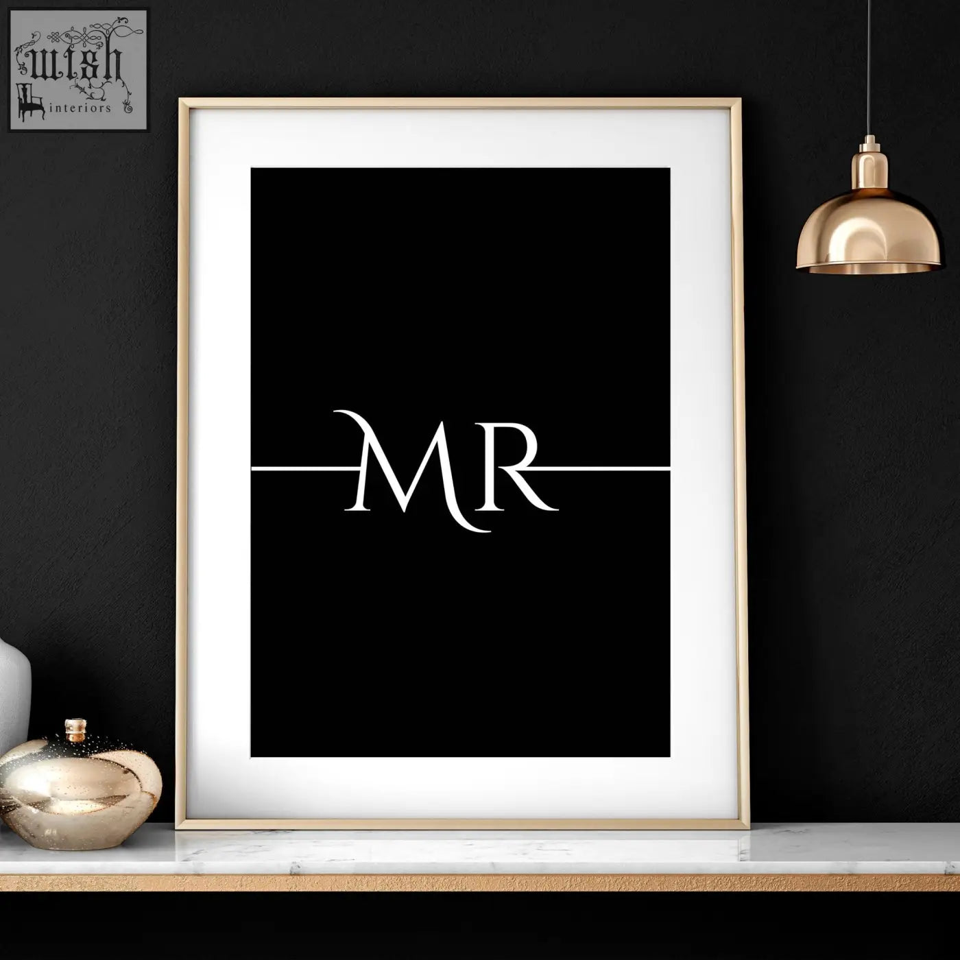 Minimalist black and white mr monogram wall art print in a gold frame perfect for anniversary wedding gifts set