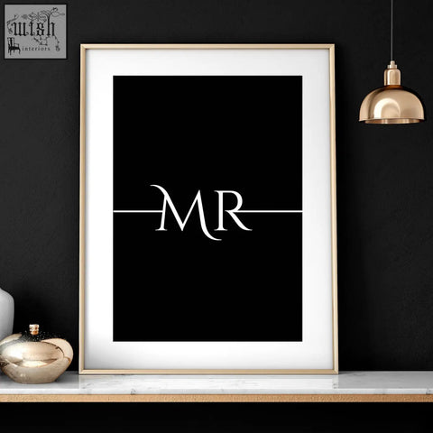 Minimalist black and white mr monogram wall art print in a gold frame perfect for anniversary wedding gifts set