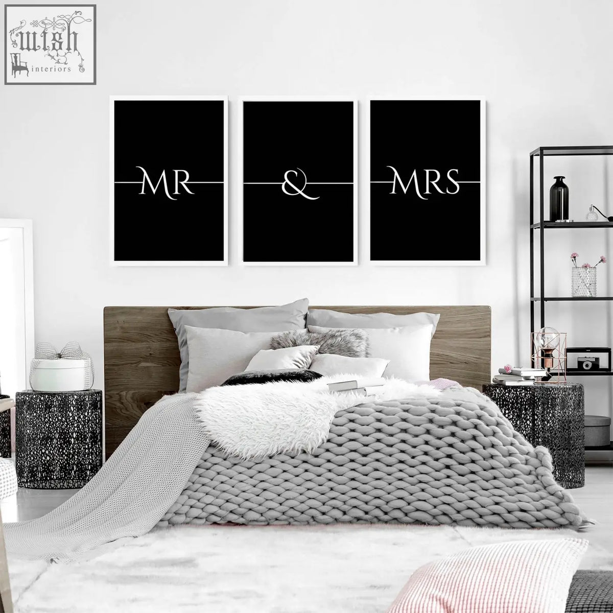Three black and white framed wall art prints featuring mr and mrs in elegant script perfect anniversary wedding gifts