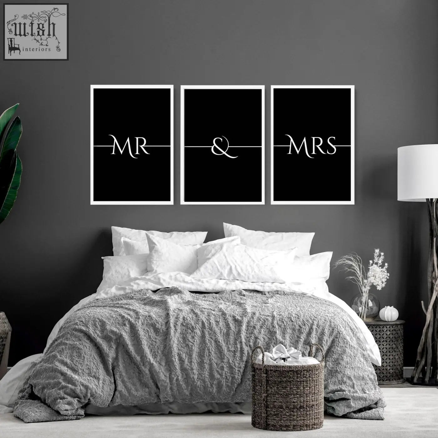 Three framed black and white wall art prints with elegant mr and mrs script perfect anniversary wedding gifts