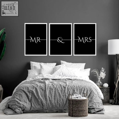 Three framed black and white wall art prints with elegant mr and mrs script perfect anniversary wedding gifts