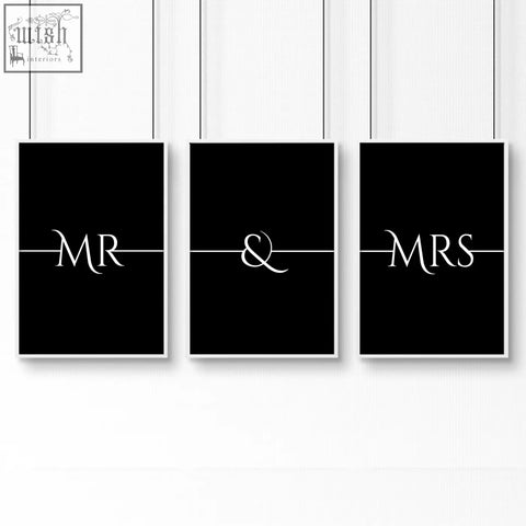 Set of three minimalist black and white wall art prints with elegant script typography for anniversary wedding gifts