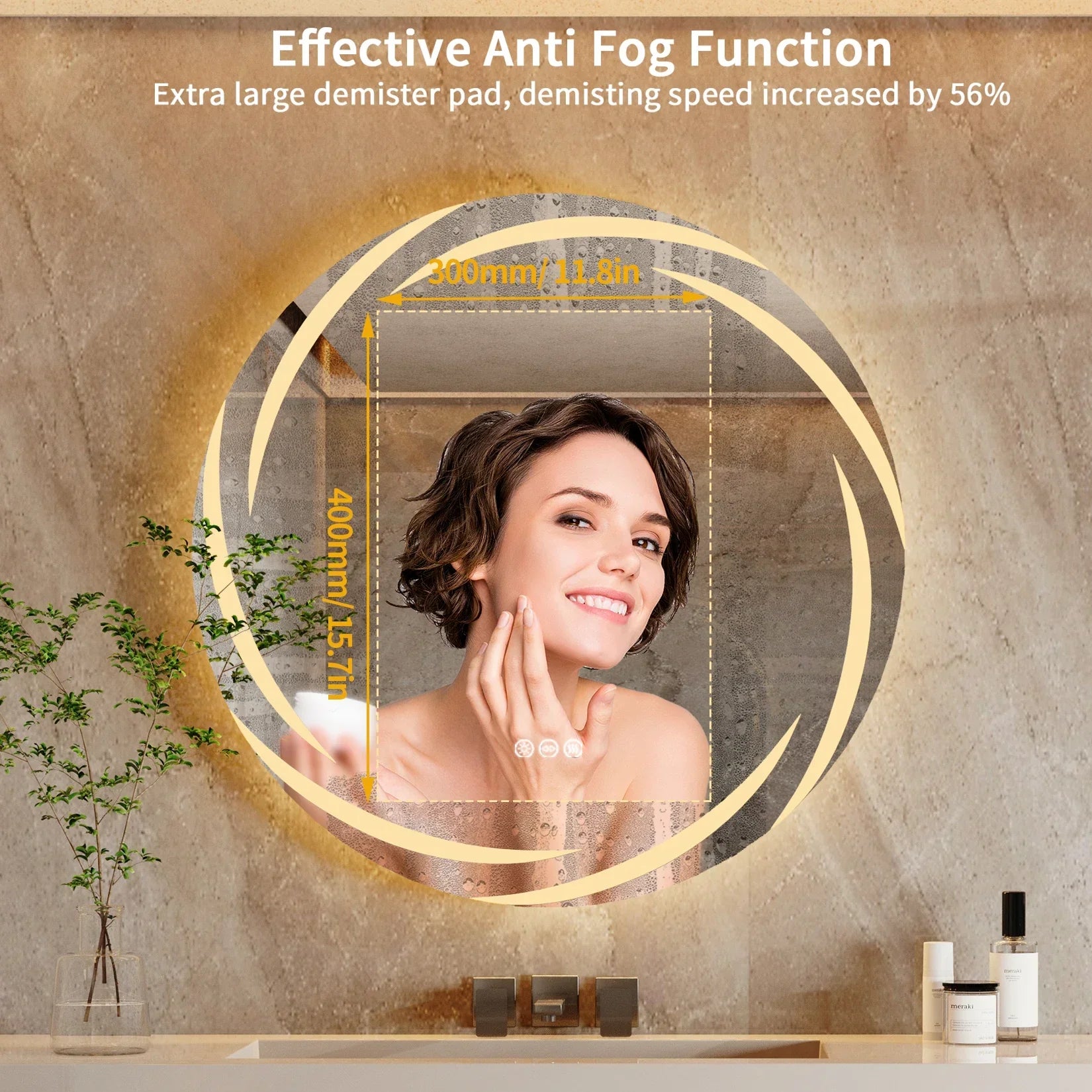 Circular led bathroom mirror with warm lighting anti-fog shatterproof wall mounted vanity mirror with 3 color modes